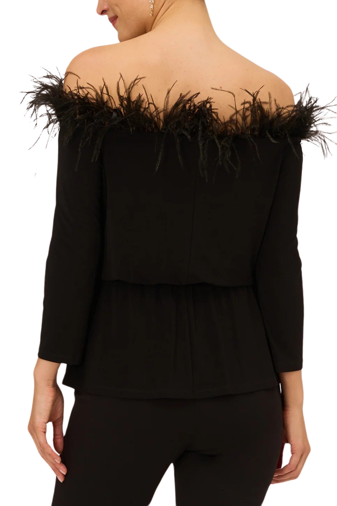 Adrianna Papell Off The Shoulder 3/4 Sleeve with Feather Accents
